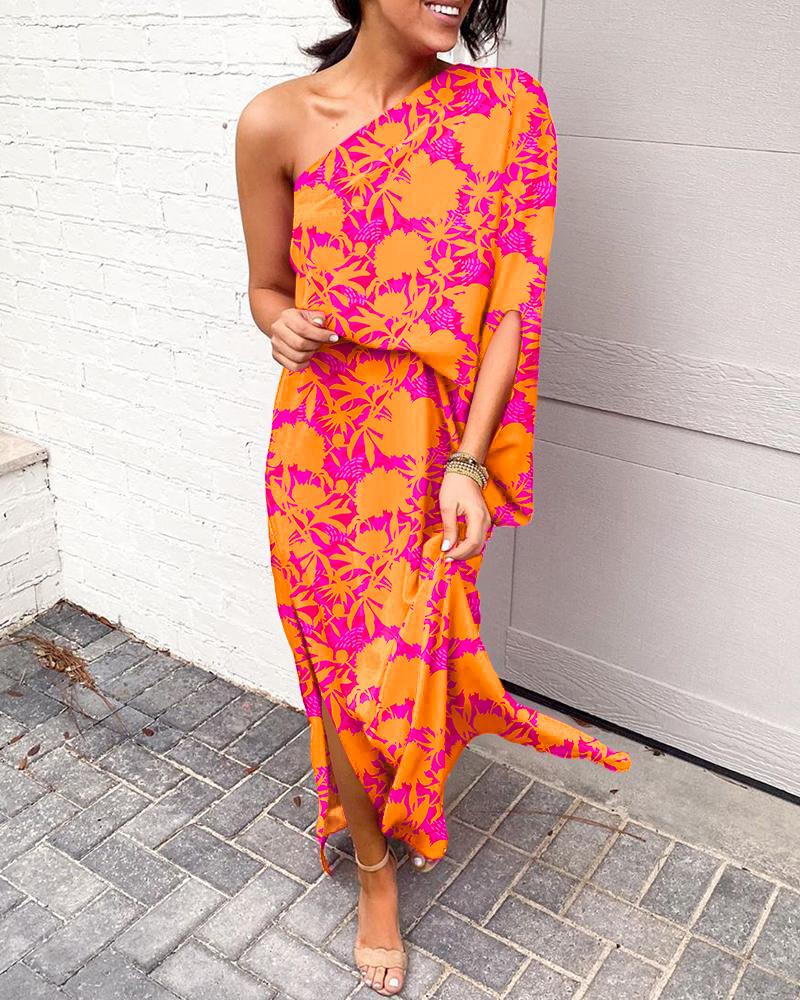 Plants Print One Shoulder Split Hem Maxi Dress