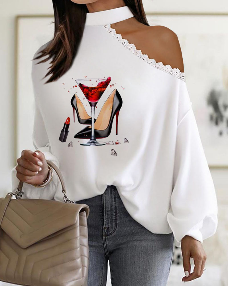 Heels Graphic Print Lace Patch Cold Shoulder Top