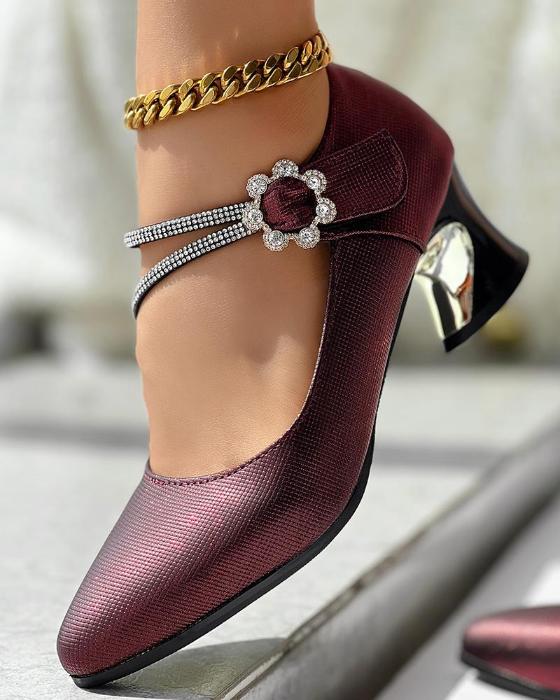 Rhinestone Decor Floral Buckle Chunky Pumps