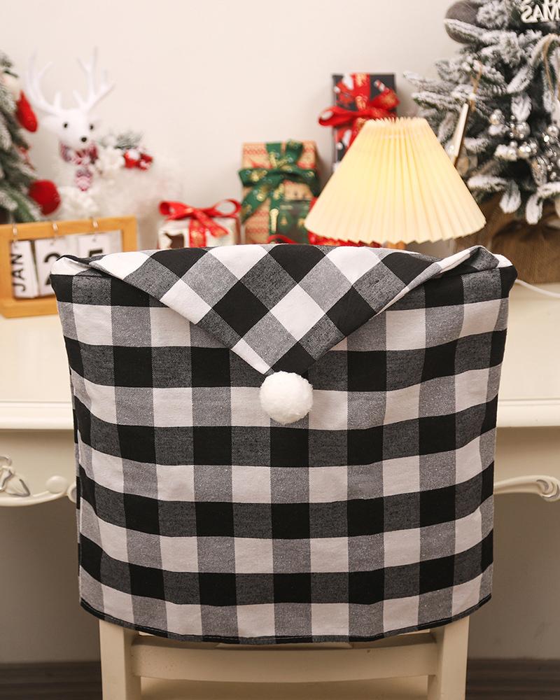 Christmas Plaid Dining Chair Slipcovers Chair Seat Back Covers Protector Holidays Home Party Decorations With Pom Pom