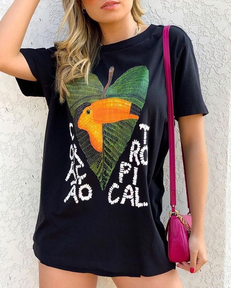 Bird Leaf Letter Print Casual T-shirt
