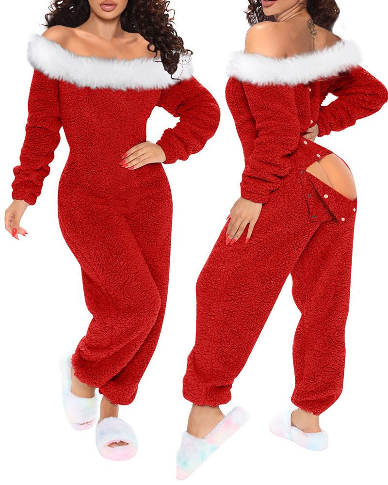 Pajama Rompers & Jumpsuits Christmas Fuzzy Trim Off Shoulder Flap Pajamas Jumpsuit