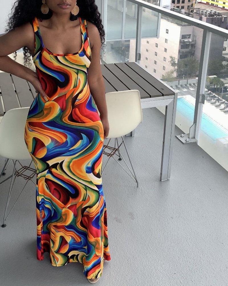 Abstract Print U-Neck Maxi Dress