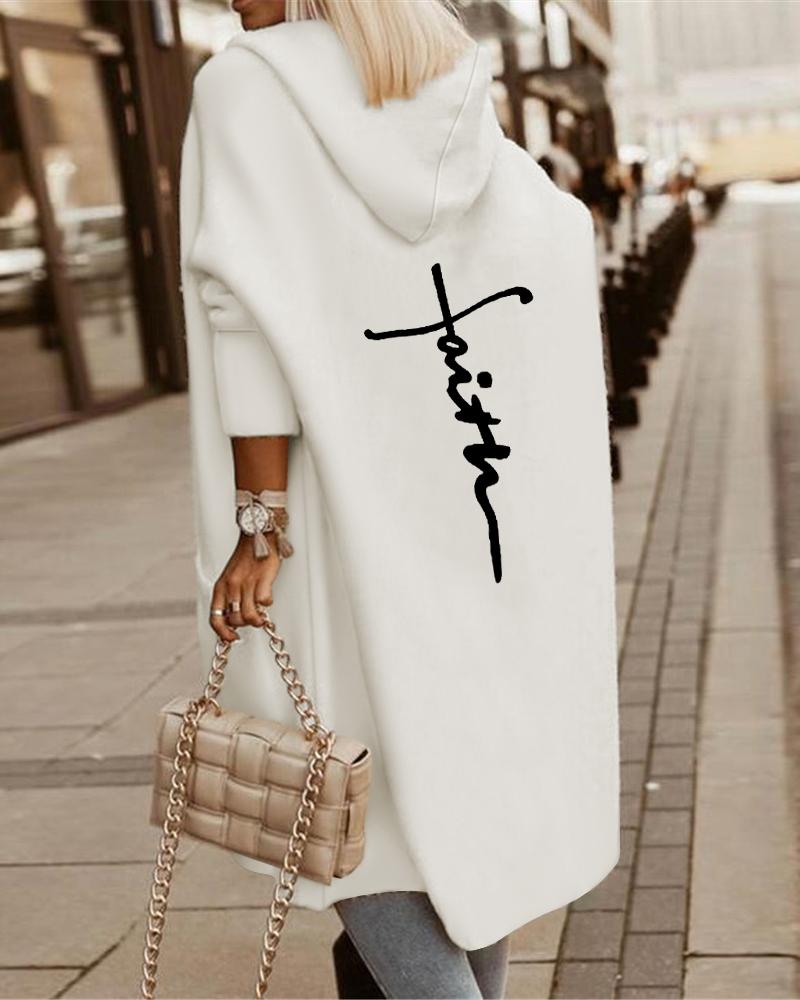 Letter Print Patch Pocket Longline Hooded Coat