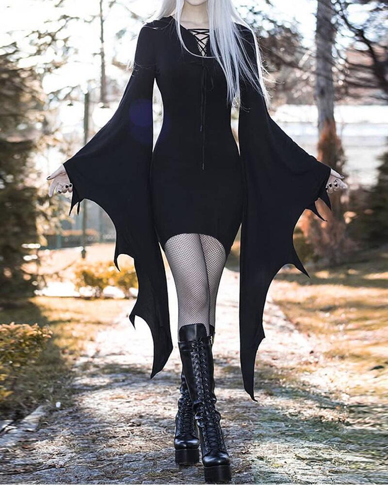 Halloween Lace-up Batwing Sleeve Bodycon Dress
