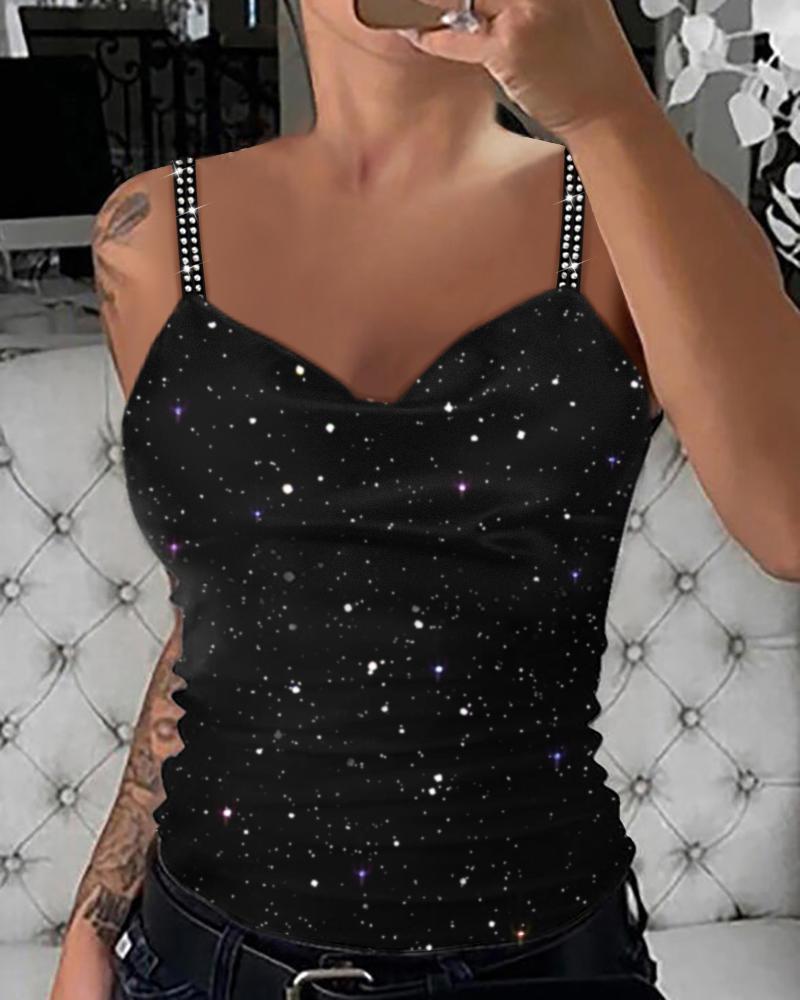Rhinestone Glitter Cowl Neck Cami Top
