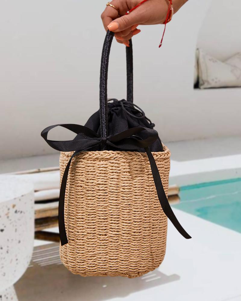 Tied Detail Top Handle Straw Bag