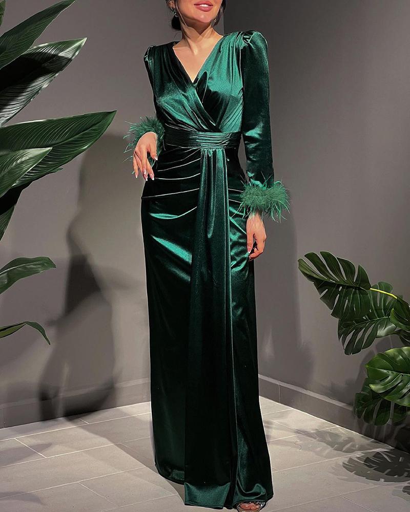 Feather Detail Ruched Puff Sleeve Evening Dress