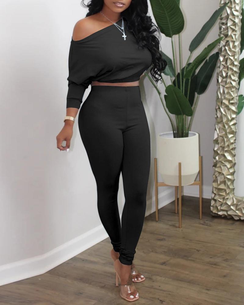 One Shoulder Crop Top & High Waist Pants Set