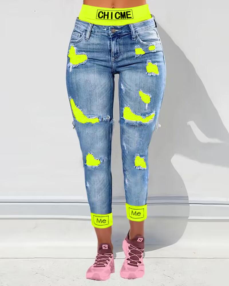  ChicMe Fake Two-Piece Patchwork Cutout Ripped Jeans