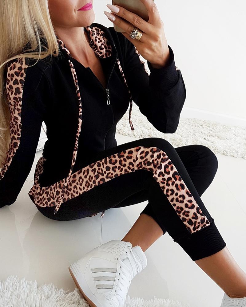 Leopard Print Zipper Design Drawstring Hooded Top & Pants Set