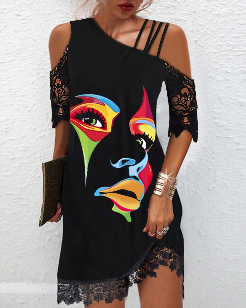 Contrast Lace Figure Print Casual Dress