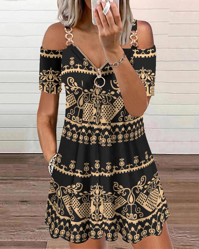 Tribal Print Chain Decor Cold Shoulder Swing Dress