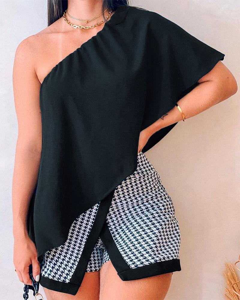 One Shoulder Asymmetrical Top & Houndstooth Print Skorts Set