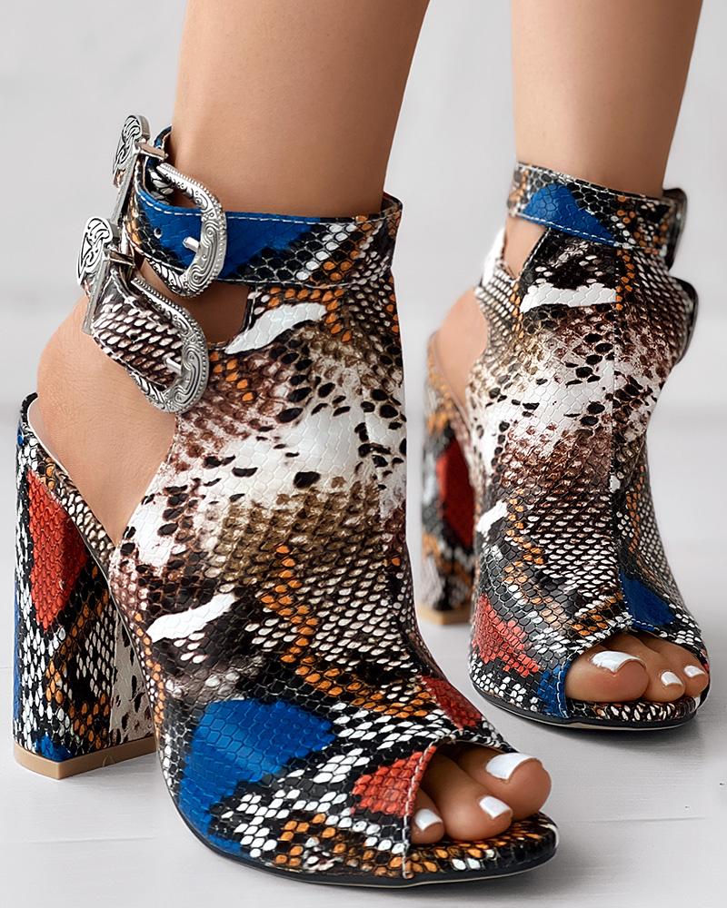 BIKER-BOOTS Snakeskin Ankle Buckled Chunky Heels