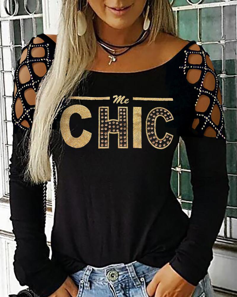 ChicMe Rhinestone Cold Shoulder Letter Print Top