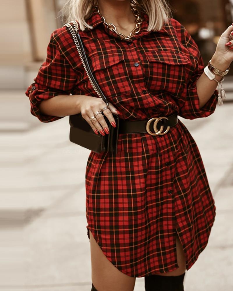 Plaid Print Buttoned Pocket Design Slit Shirt Dress