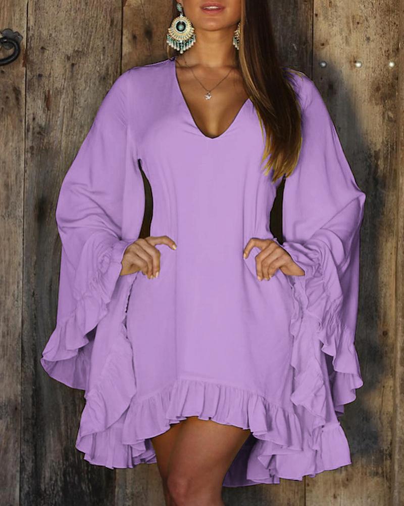 Ruffle Hem Bell Sleeve Casual Dress