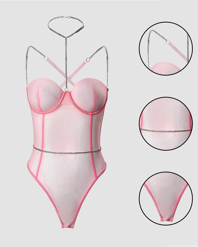 Chain Decor Halter Sheer Mesh Teddy