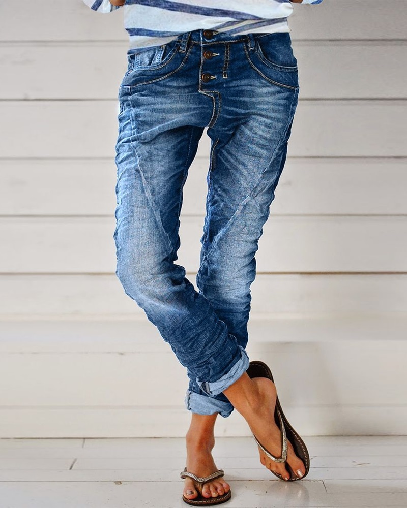 Button Fly Pocket Detail Washed Jeans