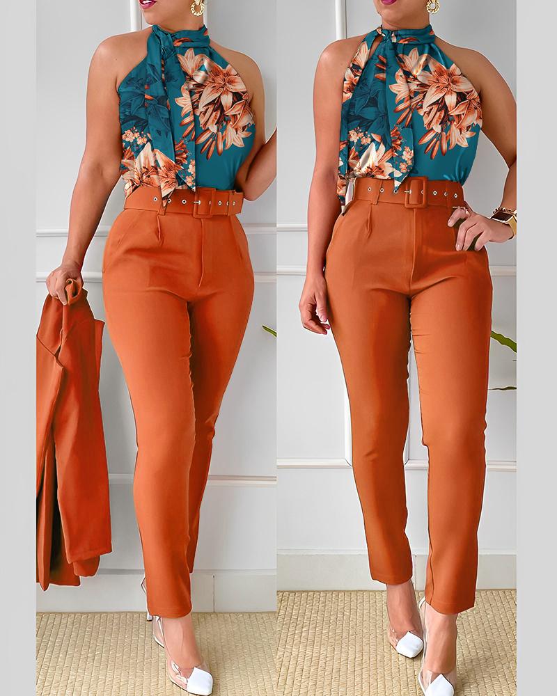 Tropical Print Tank Top & High Waist Pants Set With Belt
