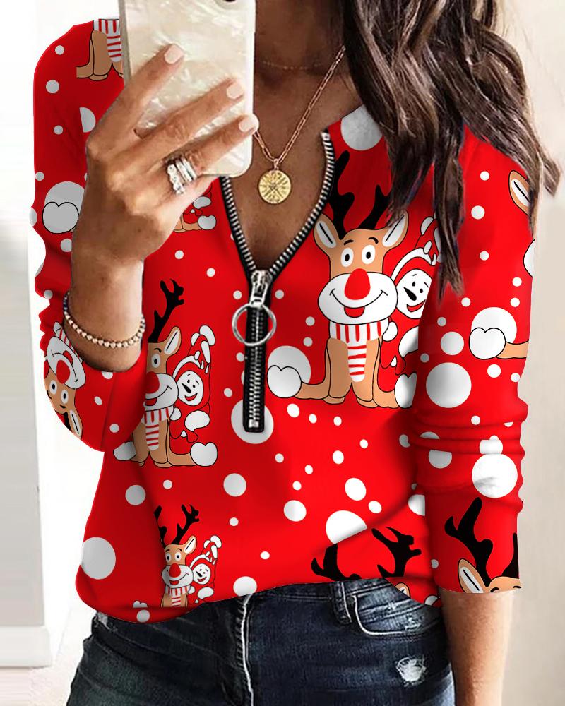 Christmas Cartoon Elk Print Zip Front Long Sleeve Top