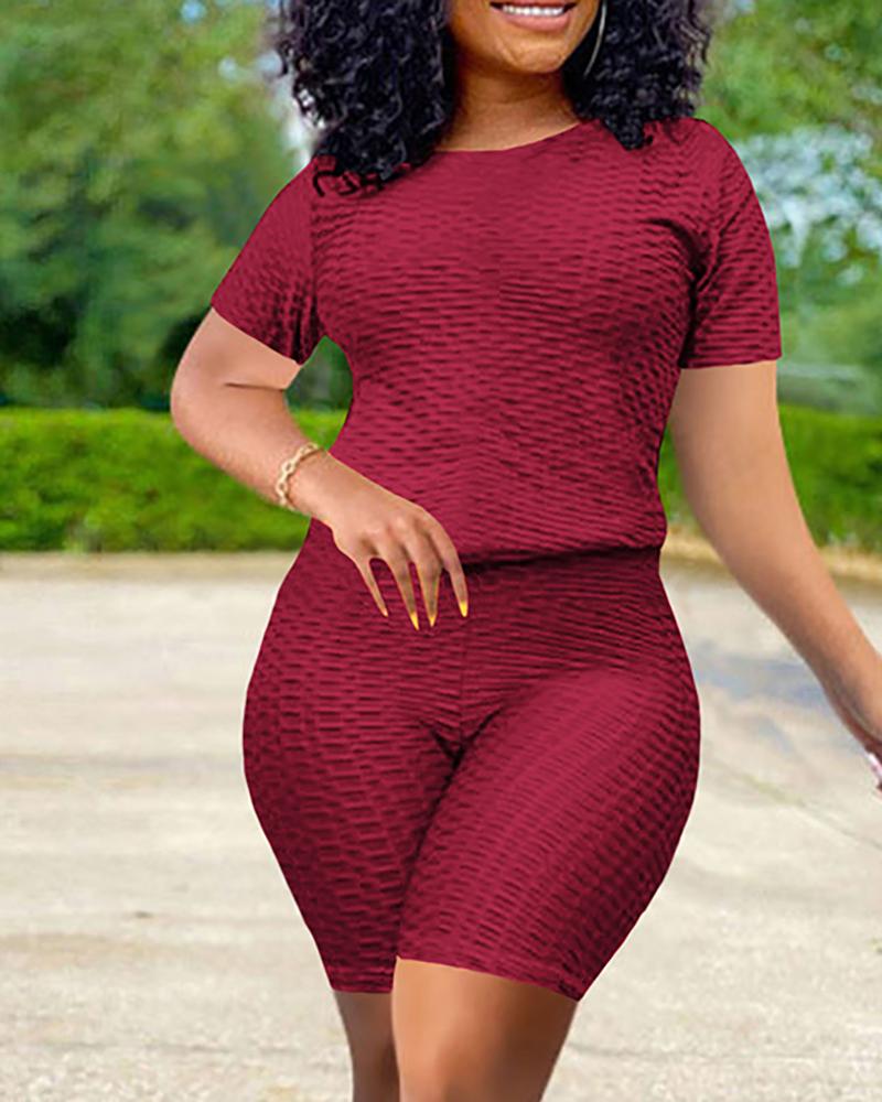 Bubble Textured Short Sleeve Butt Lifting Active Sets