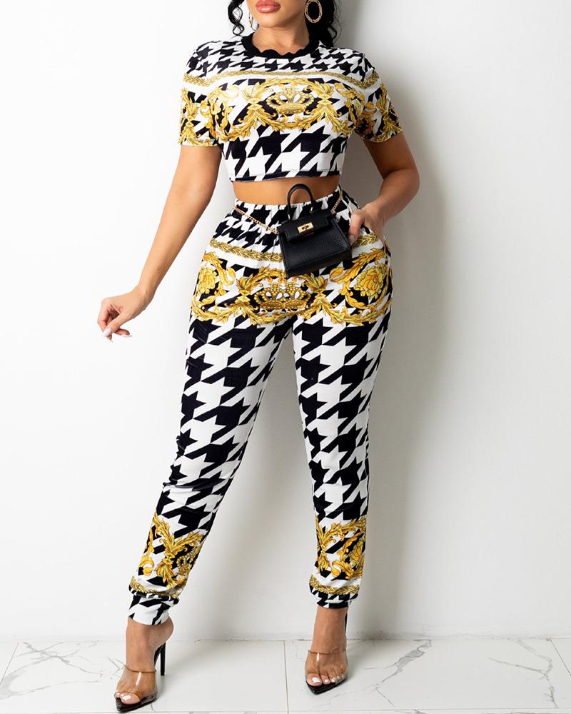 Houndstooth Scarf Print Crop Top & High Waist Pants Set