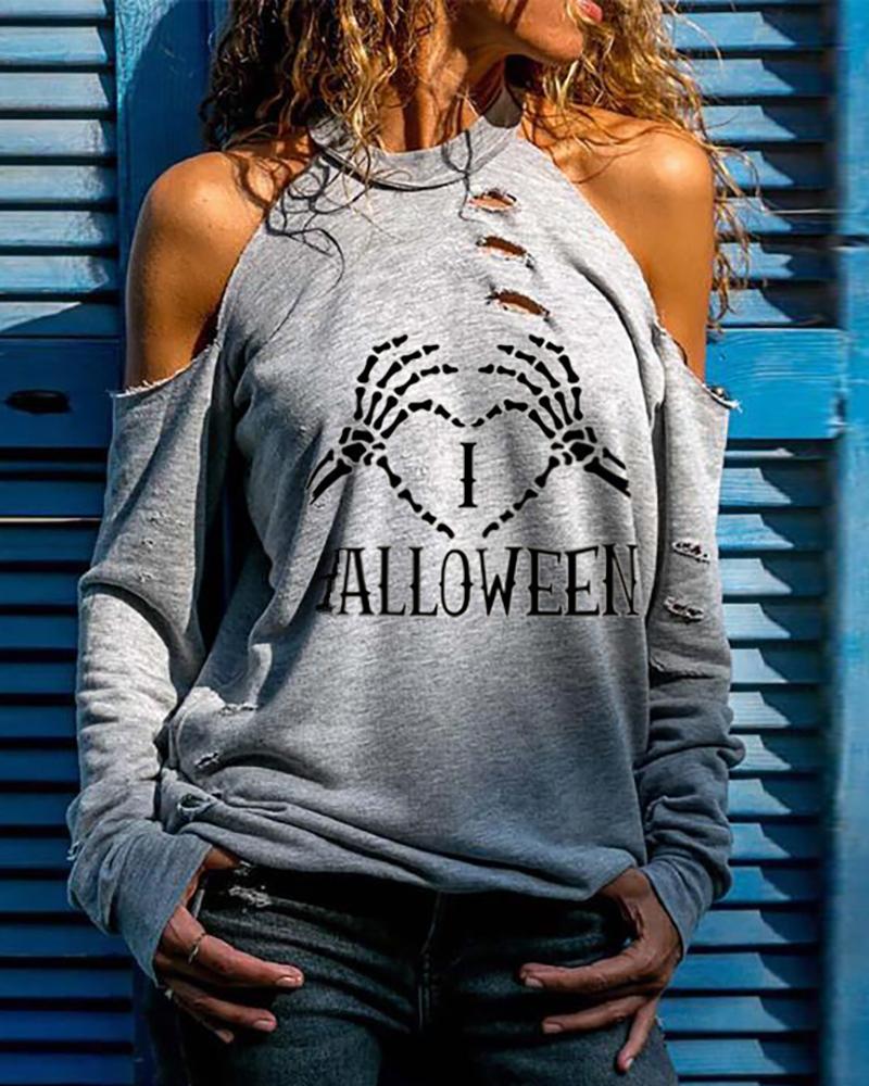 Halloween Letter Heart Skeleton Print Cutout Top