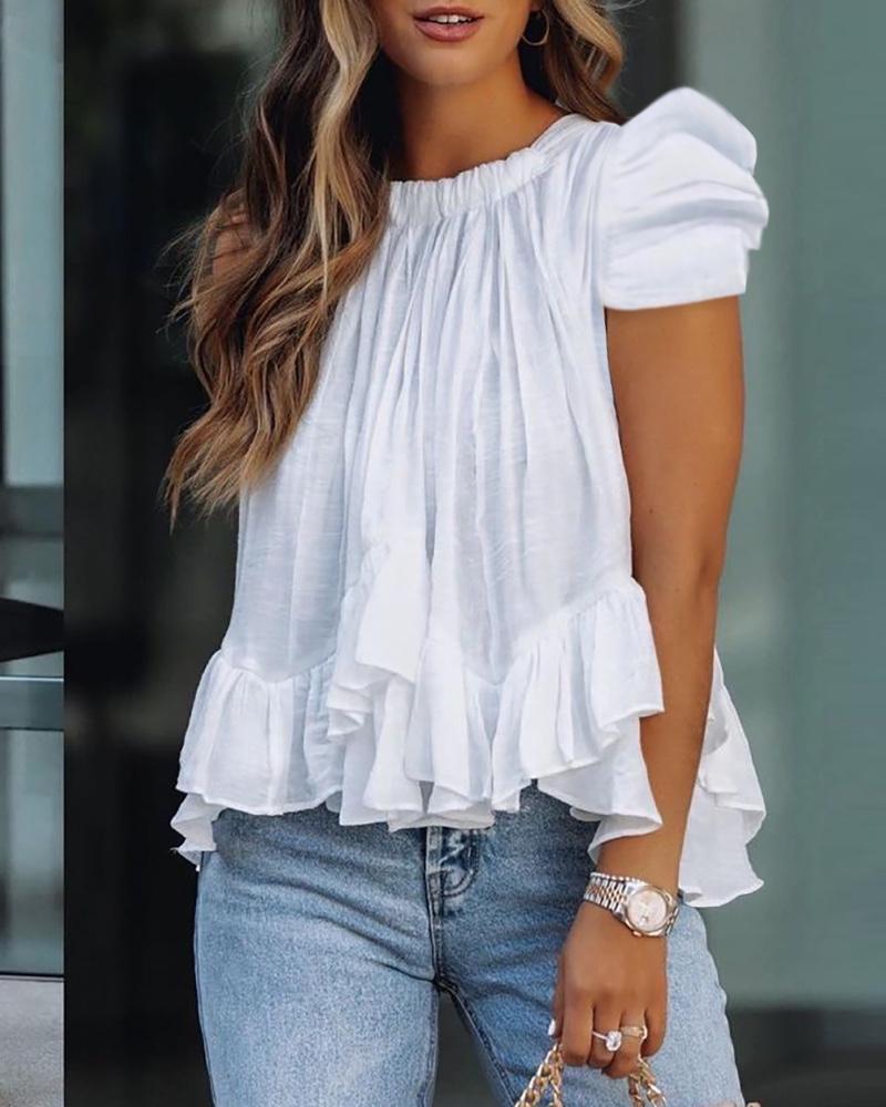 Puff Sleeve Ruffle Hem Ruched Top