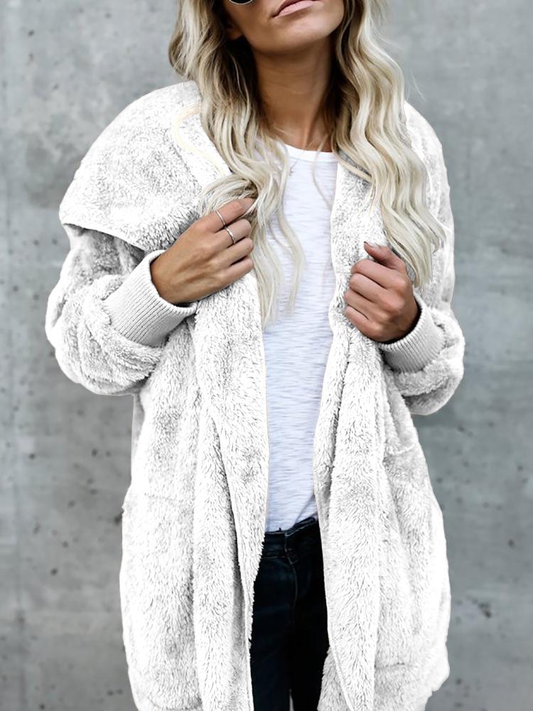 Warm Solid Pocket Design Hoodies Fluffy Oversized Jacket