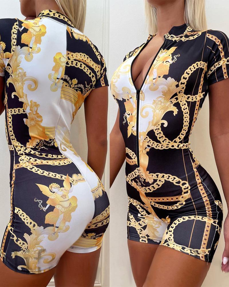 Baroque Chain Print Zip Detail Short Sleeve Romper