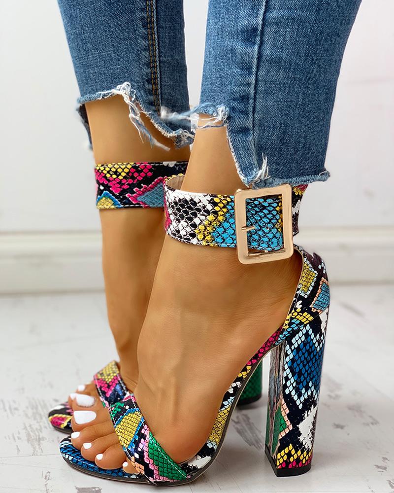 Snakeskin Print Ankle Buckled Chunky Heels