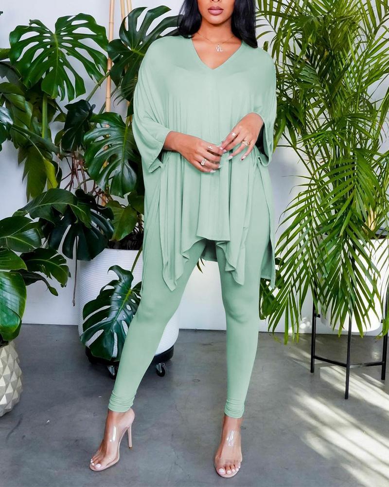 Asymmetrical Split Hem V-Neck Top & Pants Set