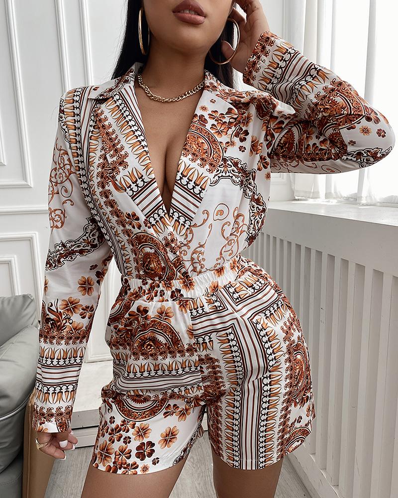 All Over Print Notched Collar Surplice Neck Top & Shorts Set