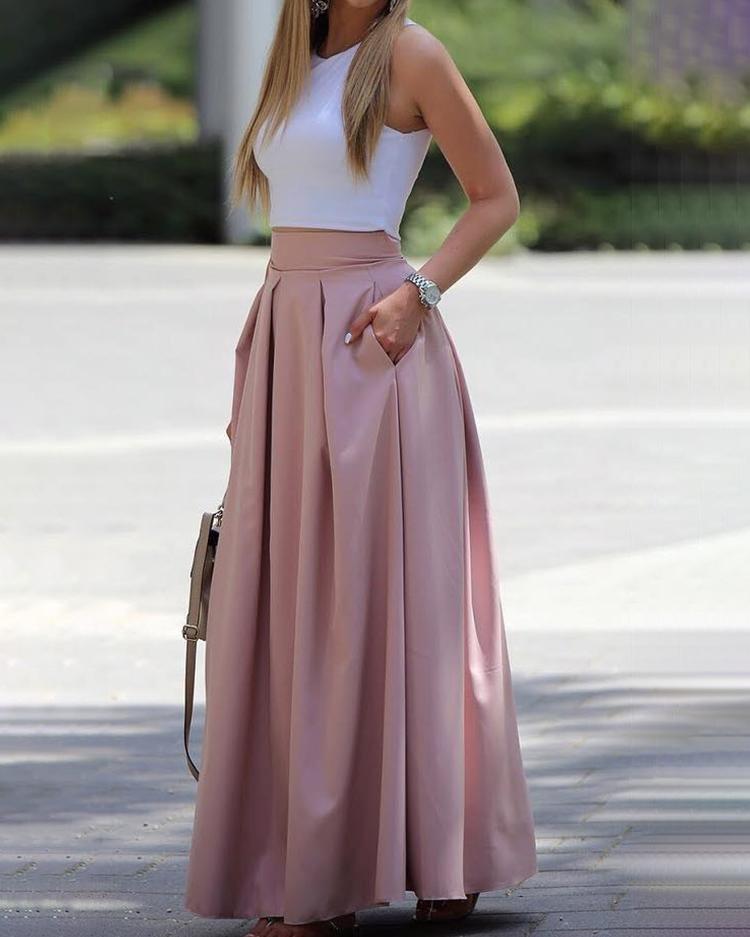 Sleeveless Crop Top & Pleated Skirt Set