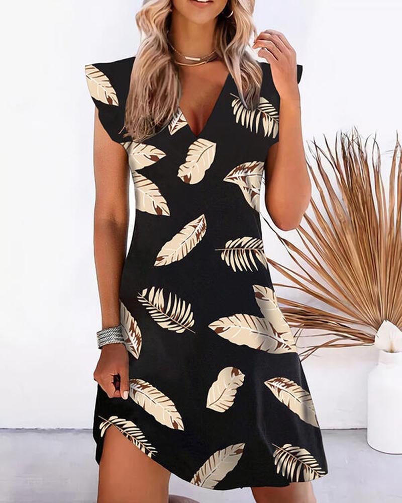 Feather Print V-Neck Ruffle Hem Dress