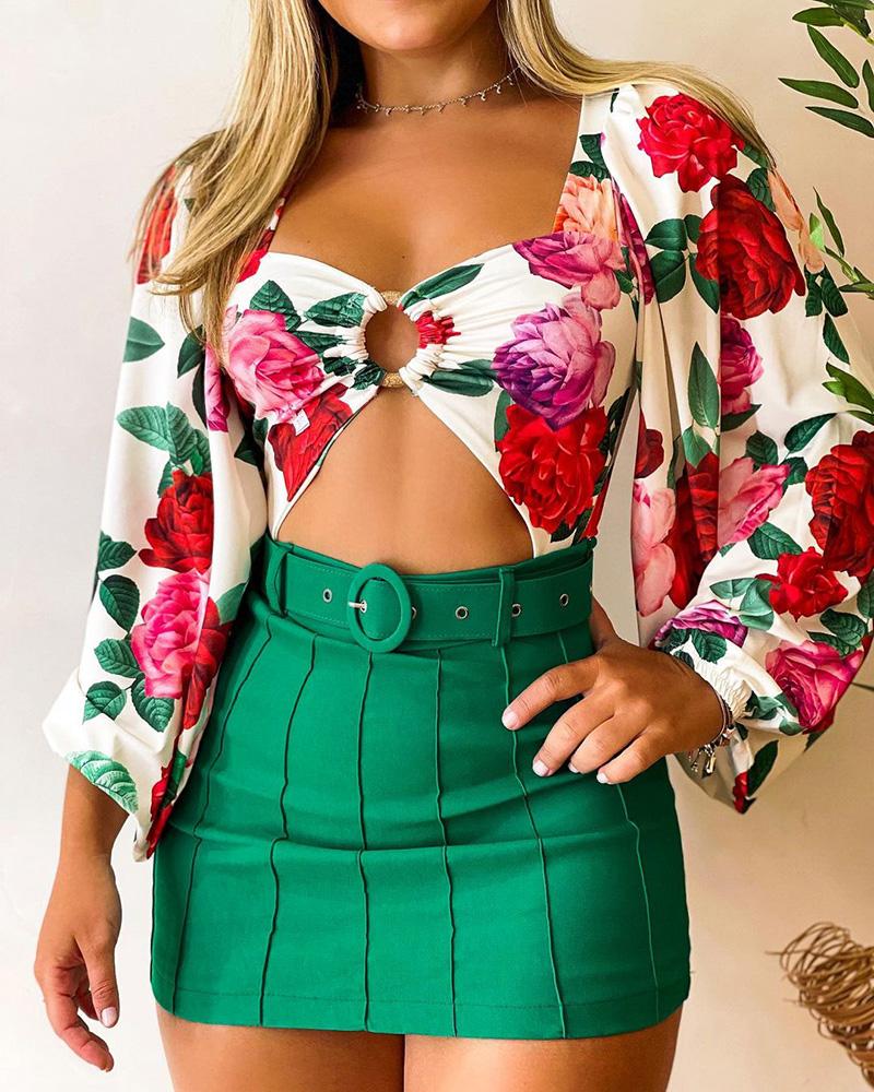 O-Ring Decor Floral Print Lantern Sleeve Bodysuit & Skirt Set