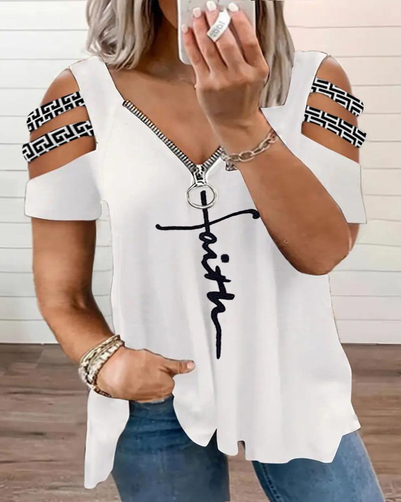 Plus Size Faith Geometric Print Cutout Zipper Design T-Shirt