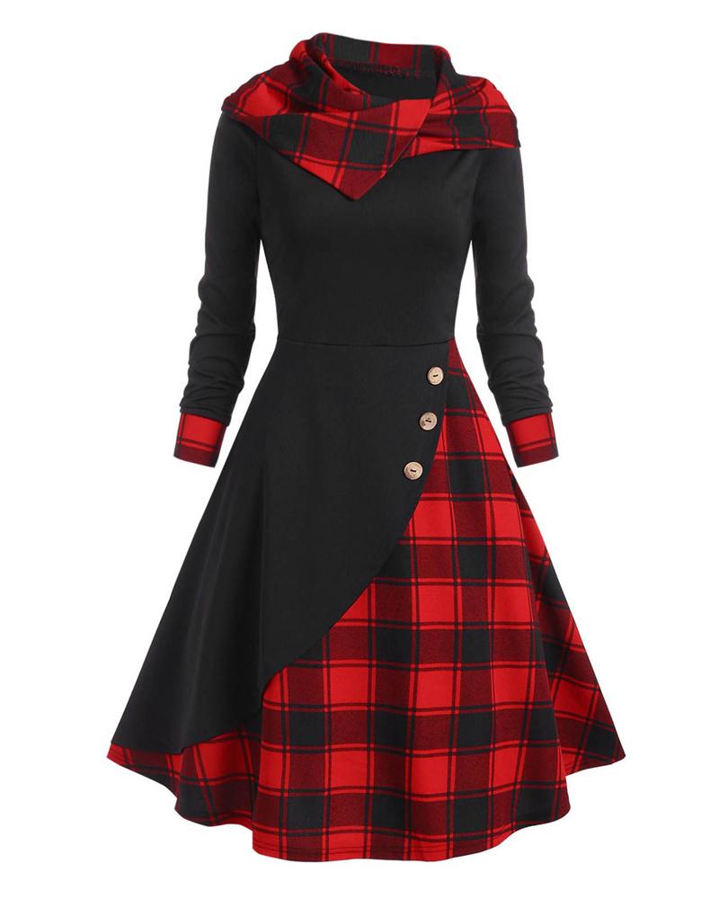 Contrast Plaid Hooded Long Sleeve Casual Dress