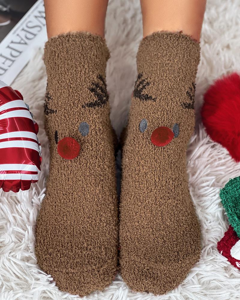 1Pair Christmas Santa Colorblcok Fuzzy Thermal Socks