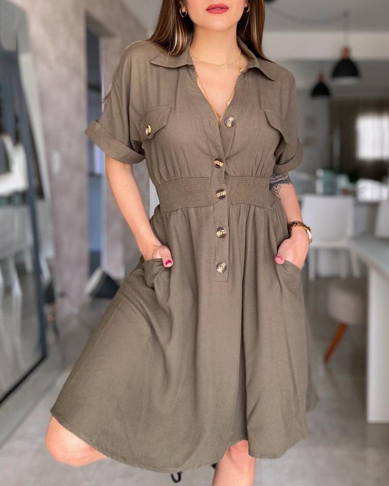 Pocket Button Design Shirred Shirt Dress