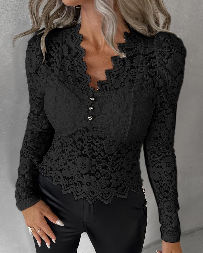 Crochet Lace Buttoned Asymmetrical Trim Top