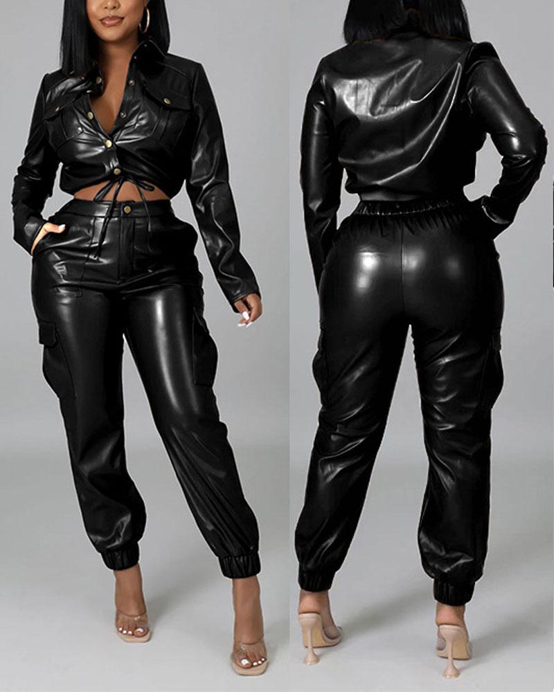 PU Leather Long Sleeve Top & Cuffed Pants Set