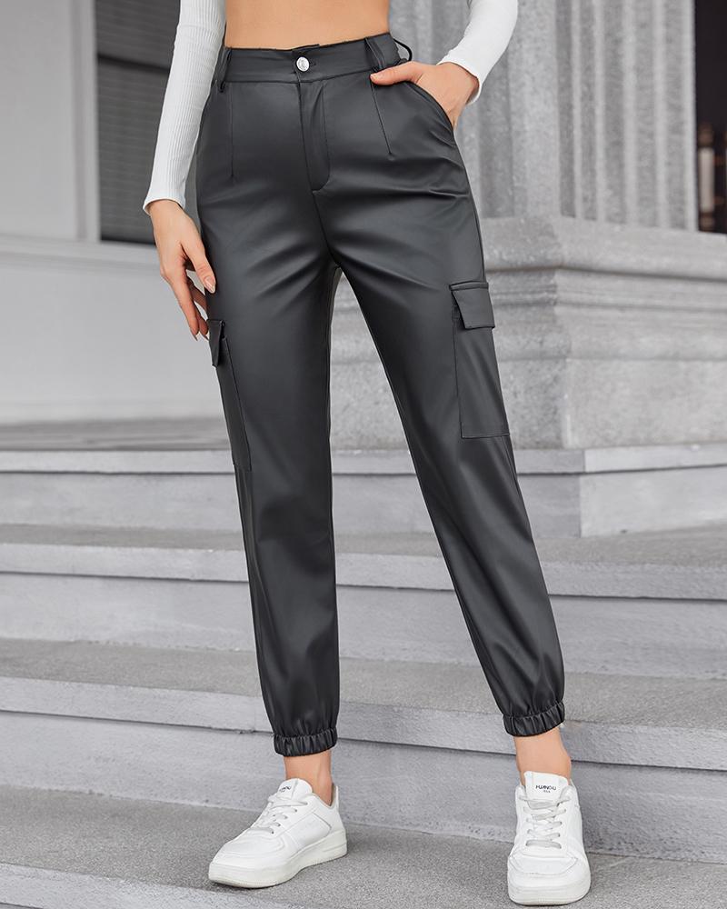 Pocket Design Cuffed PU Leather Pants