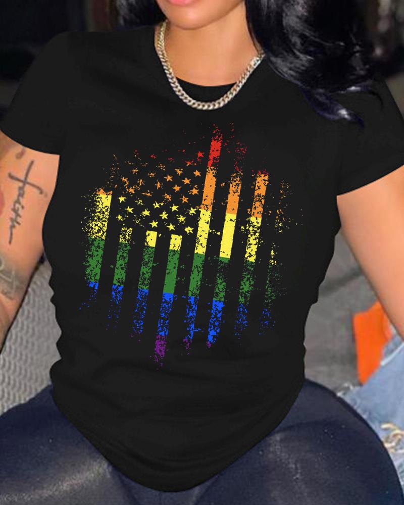 Independence Day Ombre Flag Print Round Neck T-Shirt