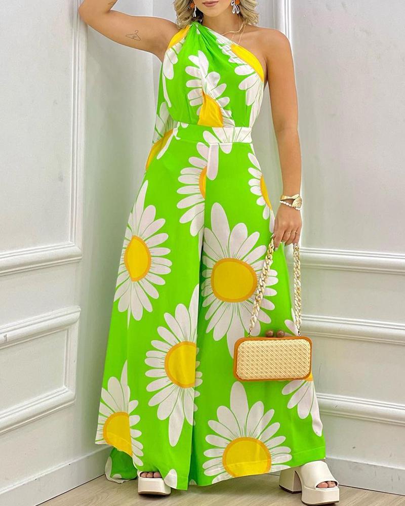 Daisy Print Halter Backless Wide Leg Jumpsuit