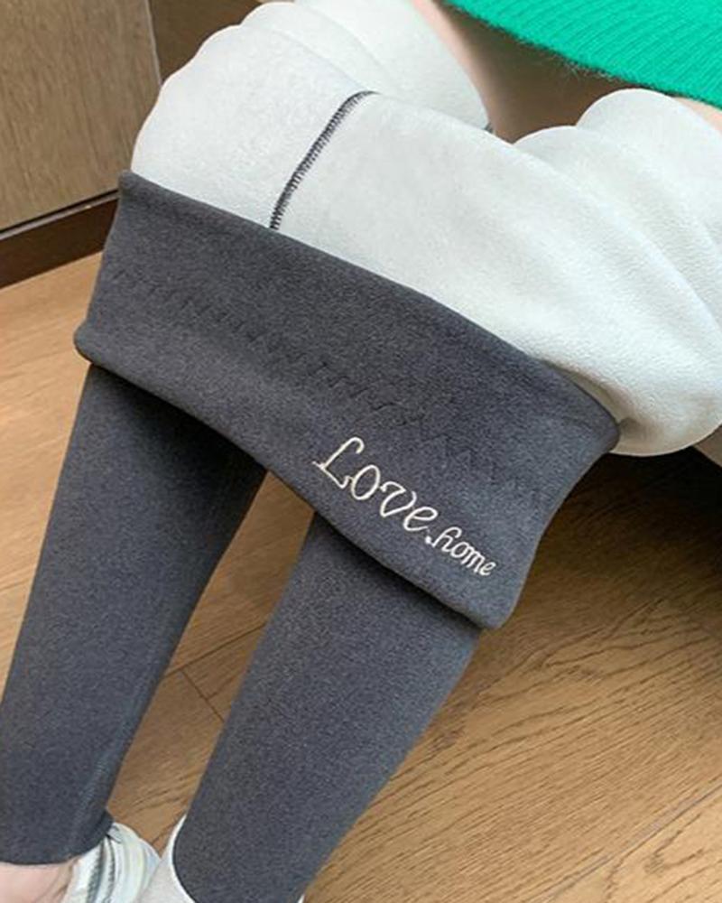 Letter Embroidery Fleece Lined Thermal Leggings