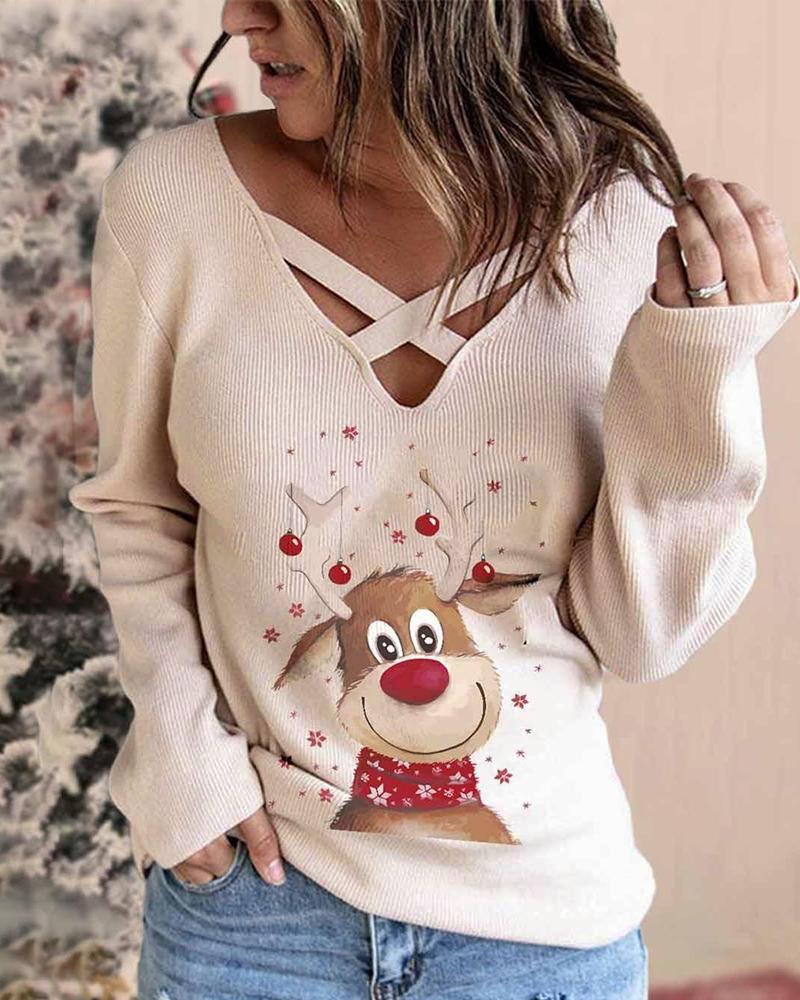 Christmas Elk Print Long Sleeve Top