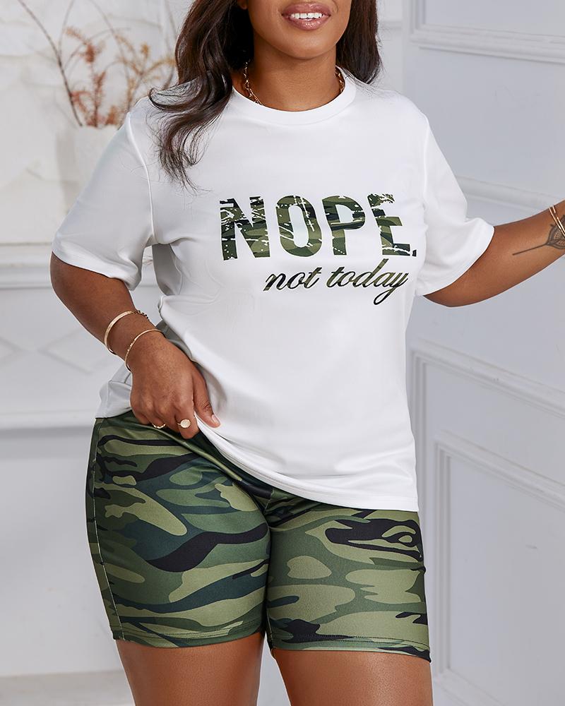 Plus Size Nope Not Today Camo Print Top & Shorts Set